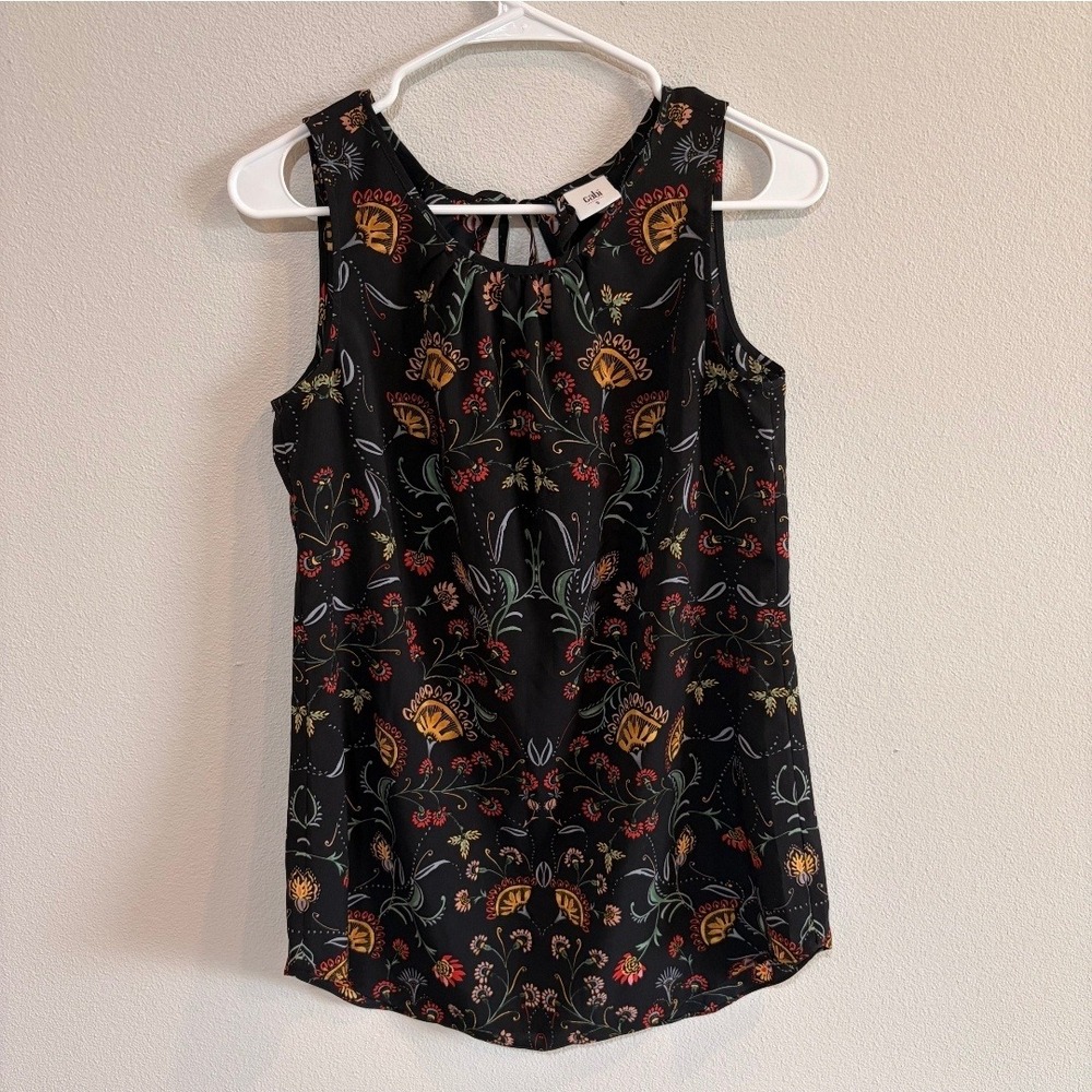 Cabi Legend Blouse Womens S Black Folklore Floral‎ Print Sleeveless Keyhole Boho
